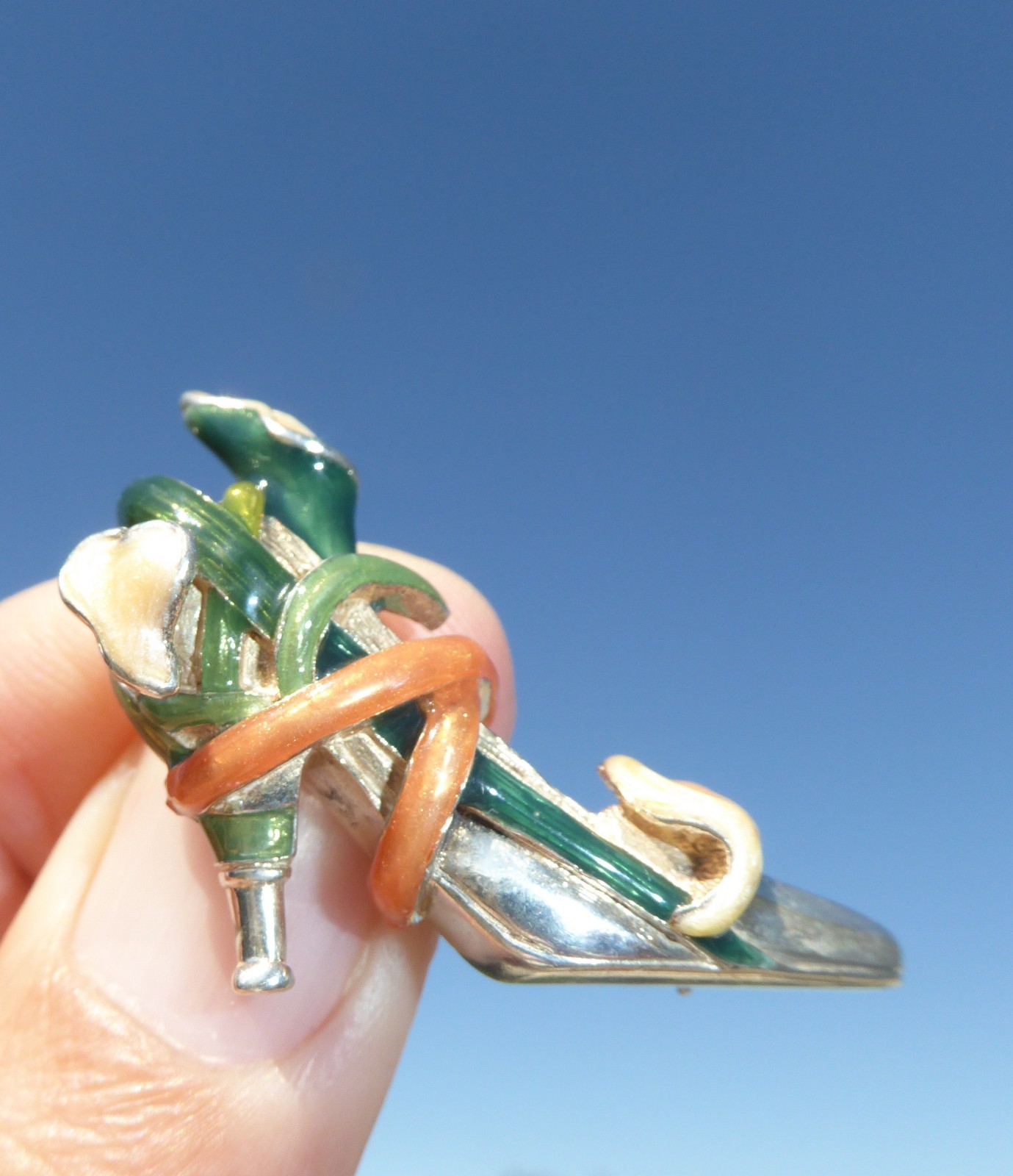 Vintage Kjl Sterling Silver Enamel Orange Green Shoe Brooch Kenneth Jay Lane