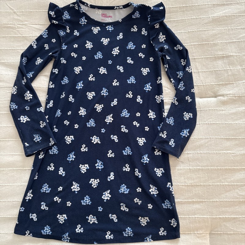 Girls Size S (7-8) EPIC THREADS Long-Sleeves w/Ruffle Blue Floral Straight Dress