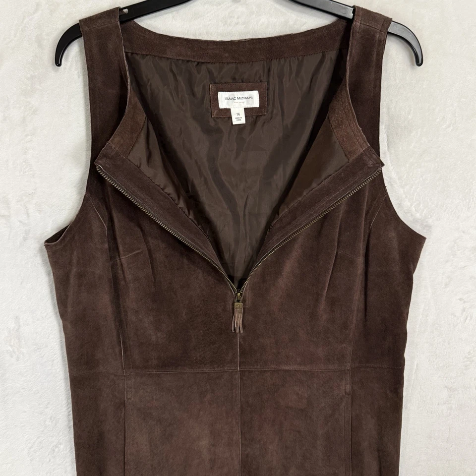 Isaac Mizrahi Target Suede Leather Sheath Dress Size 16 Chocolate Brown Pockets - Image 4 of 4