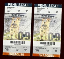 2 SYRACUSE VS PENN STATE NCAA FOOTBALL TICKET STUBs, SEP 12 2009 BEAVER STADIUM