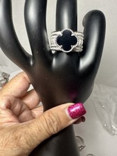 925 Sterling Silver, Black 4 Leaf Flower Ring, Size 8