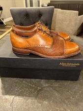 ALLEN EDMONDS MENS SHOE NEW ORLEANS 8.5 D WALNUT BROWN WOVEN VAMP CAP TOE OXFORD