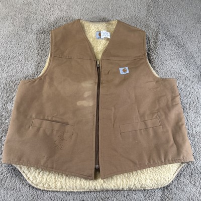 Vtg Carhartt Vest Men 2XL Beige Denim Sherpa Duck Canvas Buttoned USA Tall 80s