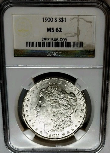 CHOICE "1900-S" MORGAN SILVER DOLLAR $1 NGC MS-62 BU HIGH GRADE, SEMI KEY DATE