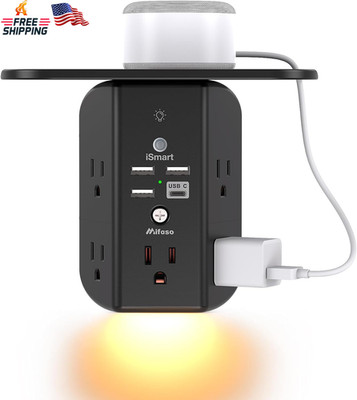 Wall Outlet Extender with Shelf Night Light Surge Protector USB and USB C Ports