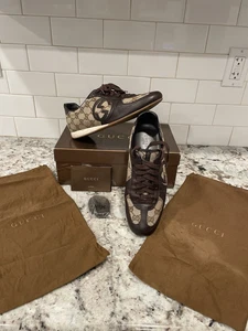 BASKETS D'OCCASION EN CUIR MARRON ET TOILE GUCCISSIMA ROYAL SPORTINTERLOCKING GG