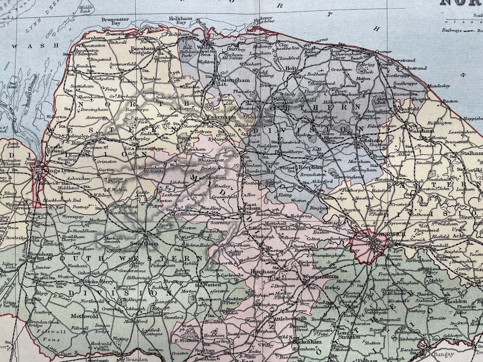 Antiguo mapa de Norfolk cromolitografía color 1895 Foto 2 de 4