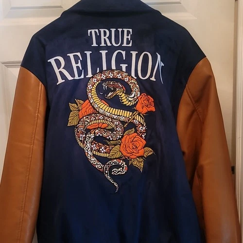 True Religion Men’s Varsity Jacket Button Blue/Brown Faux Leather XL Logo image 4