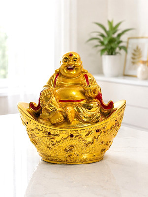 Feng Shui Buddha Gold Glücksbringer auf Goldbarren Wohlstand Deko Figur Geschenk