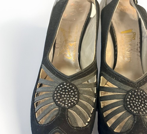 RARE SHOES Vintage 1940s 40s Black Slingback Platform Heels with Cutouts Narrow - 第 14/24 張圖片