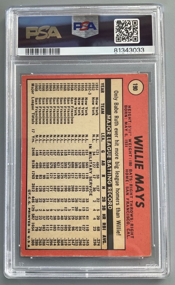1969 Topps Baseball 190 Willie Mays PSA 4 VGEX HOF GIANTS Freshly