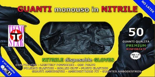 Desechable Guantes de Nitrilo Tecnostar Negro Reforzado, sin Polvos, Largo Puño