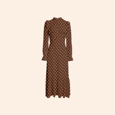 NWT $278 Reformation Hallie Dress Au Lait Brown Polka Dot Midi Ruffle Prairie 2