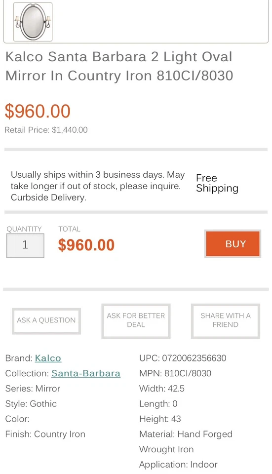 Vintage Kalco Santa Barbara 2 Lighted Oval Mirror In Country Iron Wall Sconce - Image 3 of 4