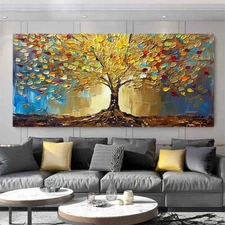 Modern Abstract Painting Golden Tree 3D Blue Oil Painting Hand Painted On Canvas