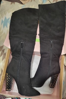 Charlotte Russe black faux suede over the knee boots with metal chunky heel  sz