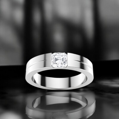 Mens 14K White Gold Diamond Ring 0.40 Ct Asscher Cut Lab Created Band 5.5  MM | eBay