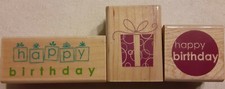 Set of 3 Happy Birthday Present Gift Inkadinkado Wood Mounted Rubber Stamps