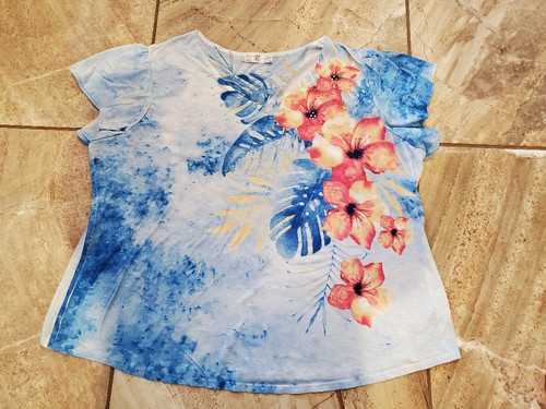 Terra & Sky Women Flowered Rhinestone Bell Sleeve Peasant Top 3X 24 26 Blouse