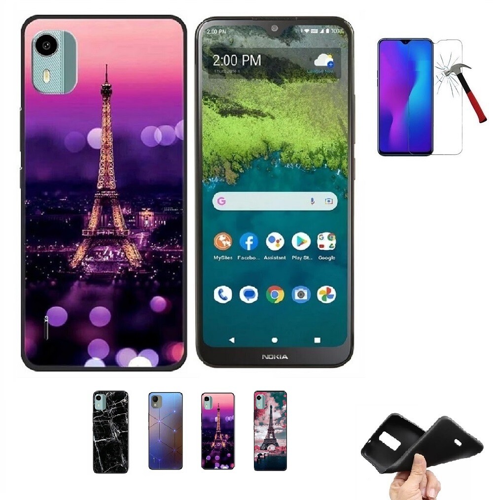 For Nokia C110, Flexible Soft TPU Gel Patterned Cover Tempered Glass