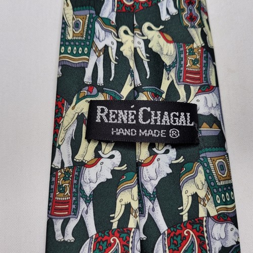 Rene Chagal Tie Green Elephants White Beige Hand Made Myung Ju Silk Neck Tie - Picture 2 of 9