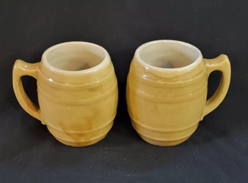 Set of 2 Vintage UHL Pottery Stoneware Yellow Tan Barrel Mug Cup Indiana #16 