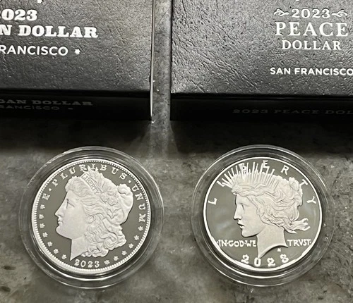 2023 S $1 Morgan & Peace Proof Silver Dollar 2pc Set Boxes COA 999 Silver 1.7 Oz