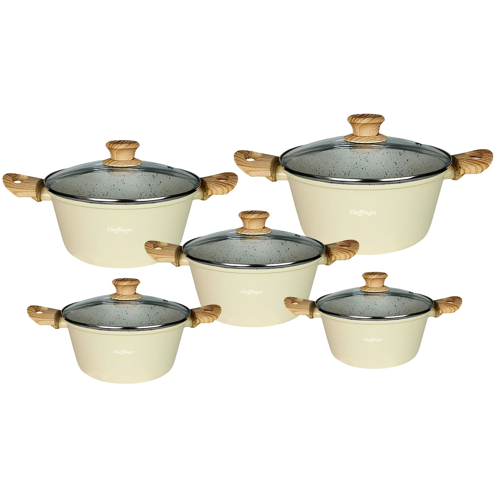 Marmites induction antiadhésives avec couvercles : batterie cuisine beige 5 pièces tous feux