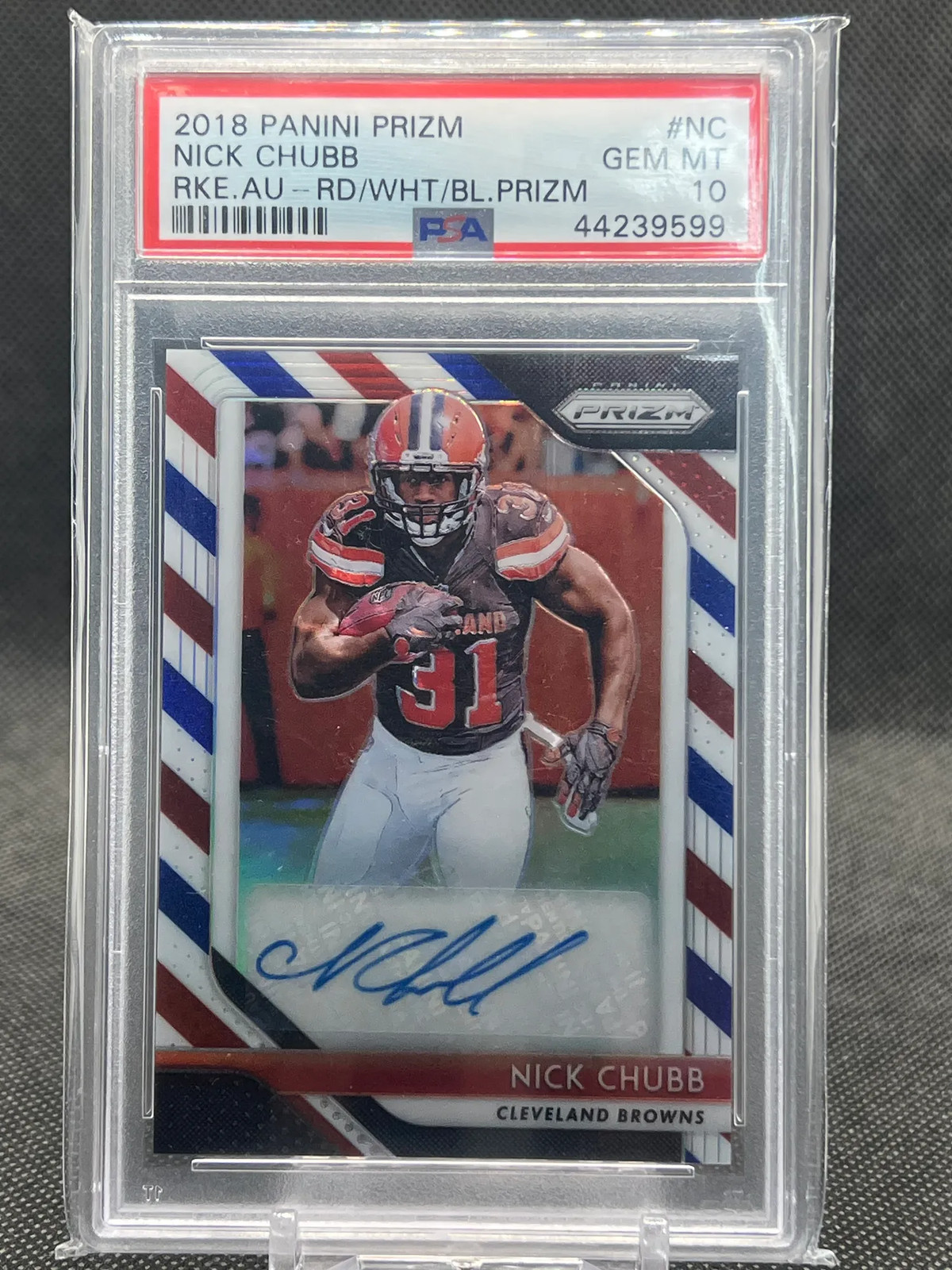 Nick Chubb Panini Prizm Rookie Autographs #NC Red/White/Blue Prizm