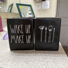 Rae Dunn Artisan Collection Black Ceramic Bathroom Set 'Wake Up Make Up'
