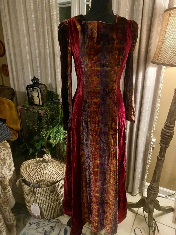 Maxi Vestido Vintage Años 70 Borgoña Terciopelo Tie Dye Pradera Foto 2 de 4
