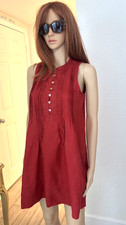Quince~LINEN Sleeveless Button Front Pin Pleat Swing Dress Pockets~XS~Orange Red