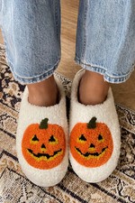 White Halloween Pumpkin Print Plush Slippers Runs Small, Size Up 