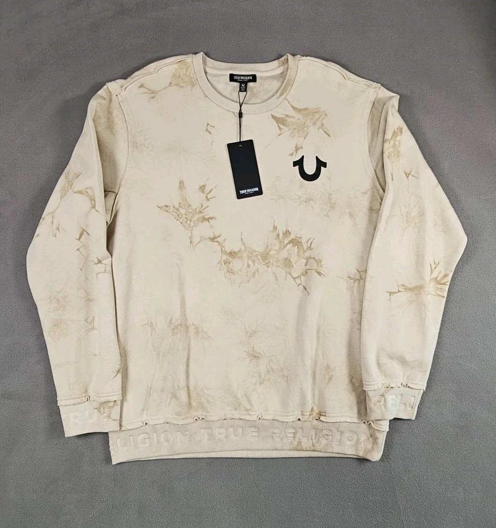 True Religion Mens Debossed Rib Pullover Sweatshirt Tapioca Tie