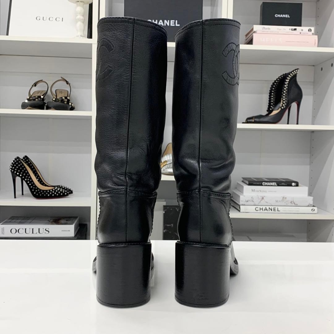 CHANEL Calfskin Mid-Length Heel Boots Shoes Women Size 37 COCO MARK Black  thumbnail 7