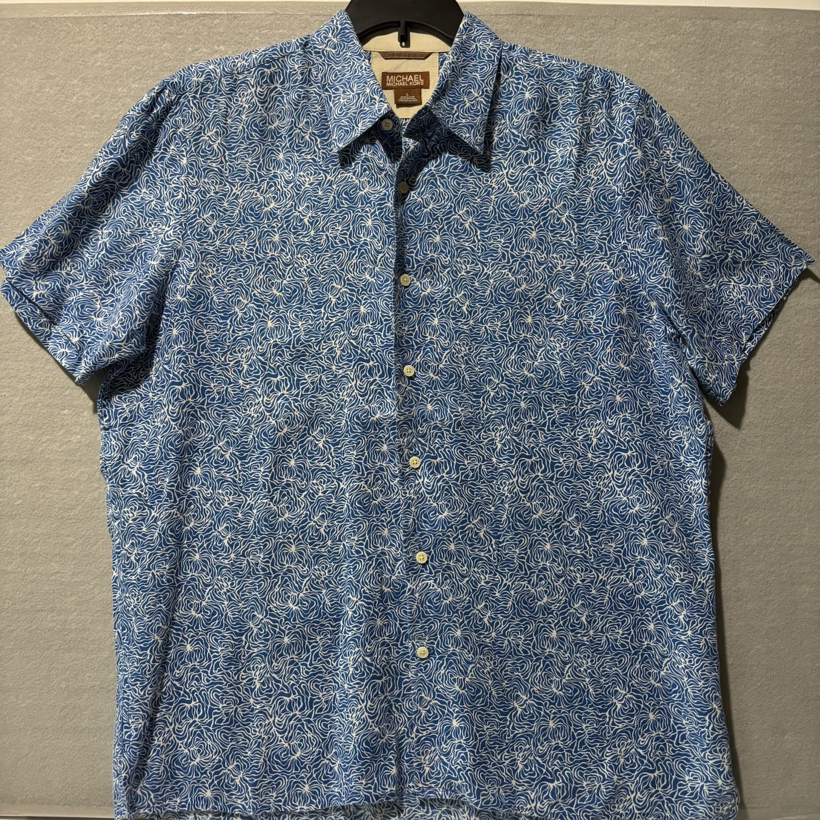MICHAEL KORS Shirt Men Sz L Blue 100% Linen Preppy Collared S/S Dad's Button Up