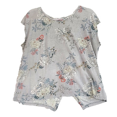 Rachel Ashwell Size Medium Linen Top Short Sleeve Button Back Floral Blue Light