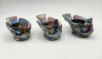 Vtg. Degenhart Carnival Glass 3-Open Salt Cellars Bird w/Berry Heart Mark ''D''