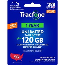 Tracfone 288 USD Nieograniczona rozmowa i tekst, 120 GB danych / 365 dni (karta fizyczna)