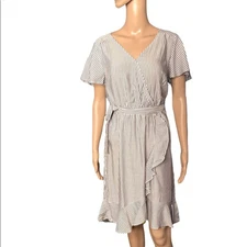 NWT Naif Wrap Dress S Blue White Striped Ruffle Hem Short Sleeve V-Neck Summer