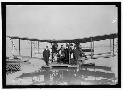 RICHARDSON TANDEM BIPLANE HYDROPLAN ON POTOMAC, APRIL, 1916. GEORGE A. GRAY AT