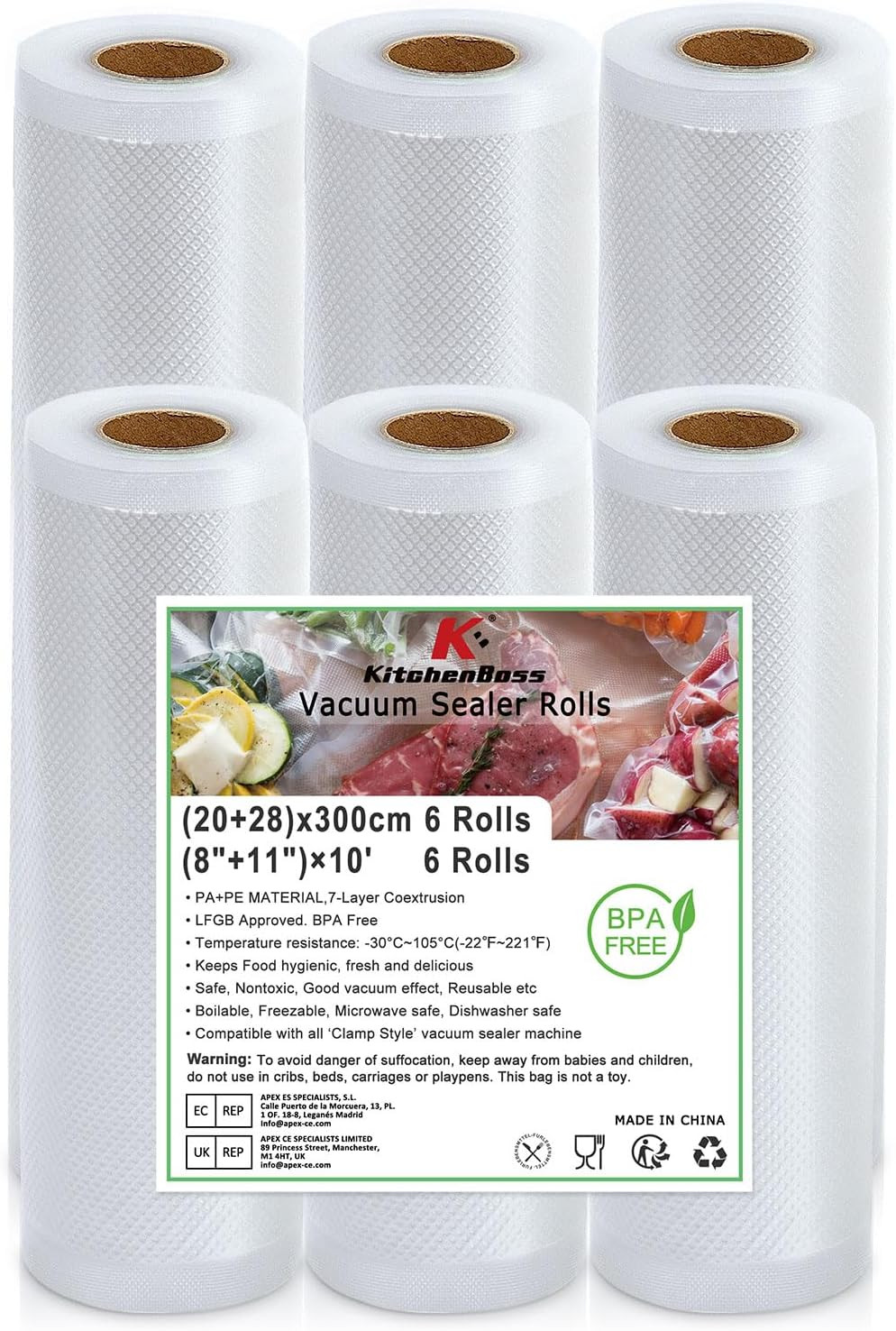 6 Rotoli Sottovuoto 20/28cm x 3m: Risparmio e Conservazione Alimenti