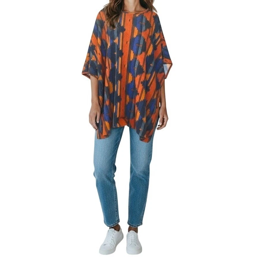 Southwest Ikat Poncho One Size Orange Navy Blue Boho Oversized Wrap Casual OSFM