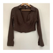 H&M Brown Long Sleeve Cropped Top Viscose Blend 18in Pit to Pit Size L US 8