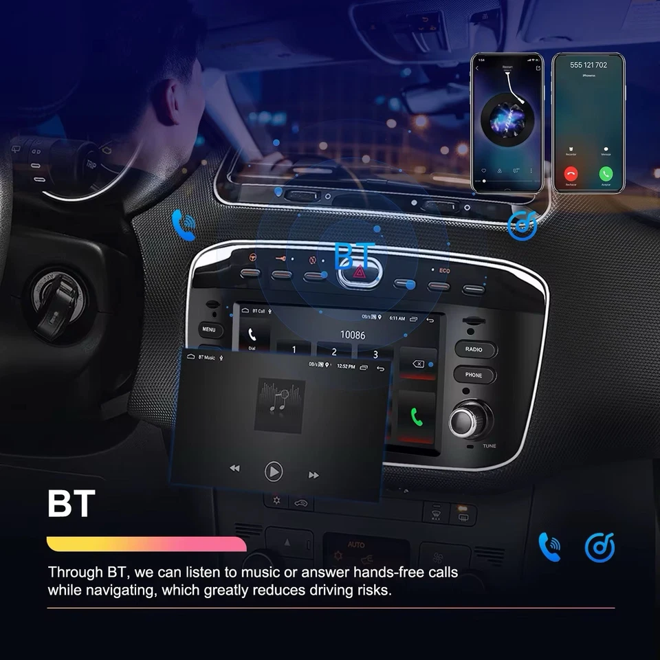 Autoradio CARPLAY Wireless Fiat Per Punto Evo Con Navigatore Wi-FI Nero 2+64GB - Immagine 3 di 4