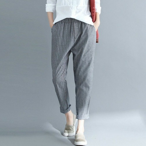 Donna Caviglia Lunghezza Pantaloni a Righe Cotone Lino Casual Sciolto  Oversize | eBay