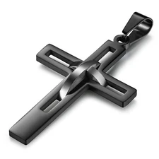 Men's Black Silver Double Hollow Cross Stainless Steel Pendant Necklace Gift