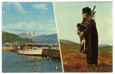 1960er Dudelsack Postkarte Boot festgemacht am Inveraray Pier Loch Fyne Argyll nicht verschickt