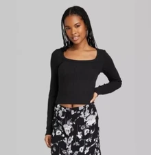 Wild Fable Women's XL Shirt Black Long Sleeve Pointelle T-Shirt Top New