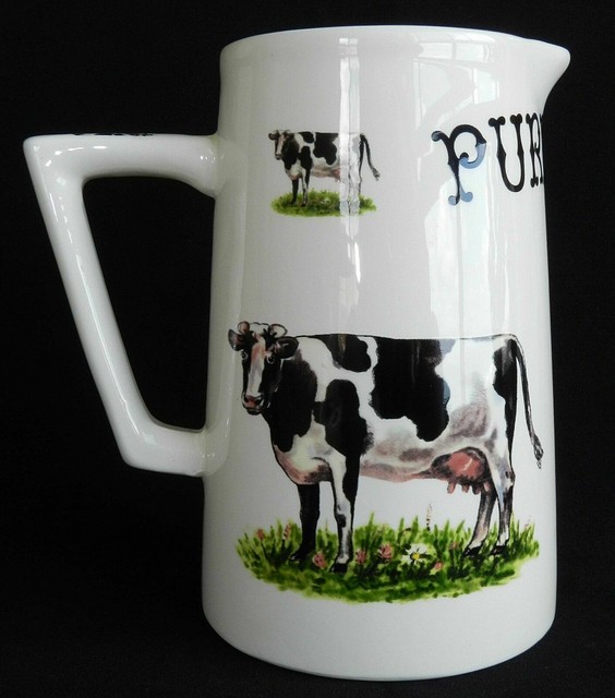 NEW Retro Big Ceramic Cows Painted PURE MILK PITCHER JUG Vase Kitchen